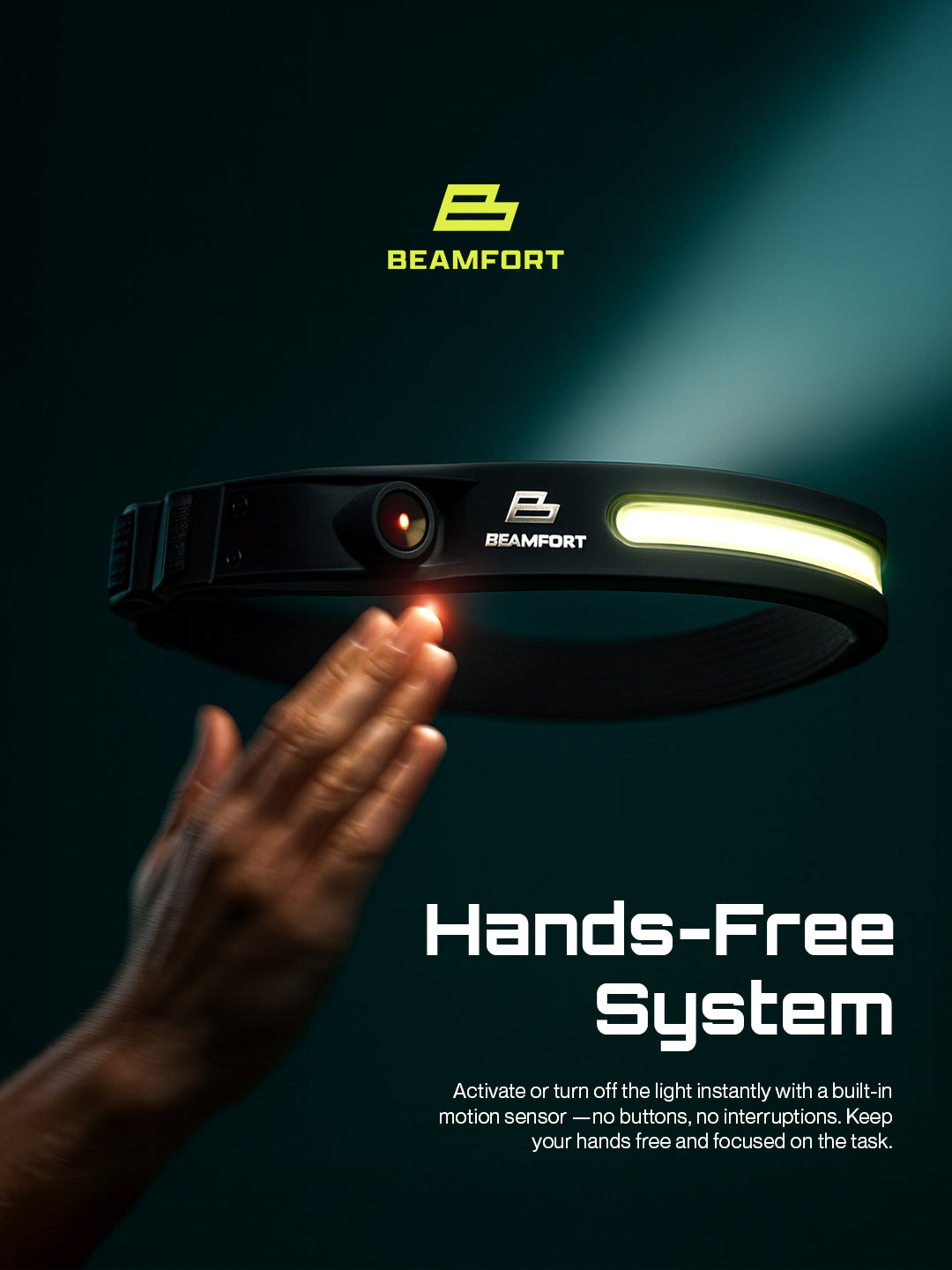 Beamfort Pro COB Headlamp hands-free motion sensor activation – wave hand to turn on rechargeable work headlamp without touching buttons