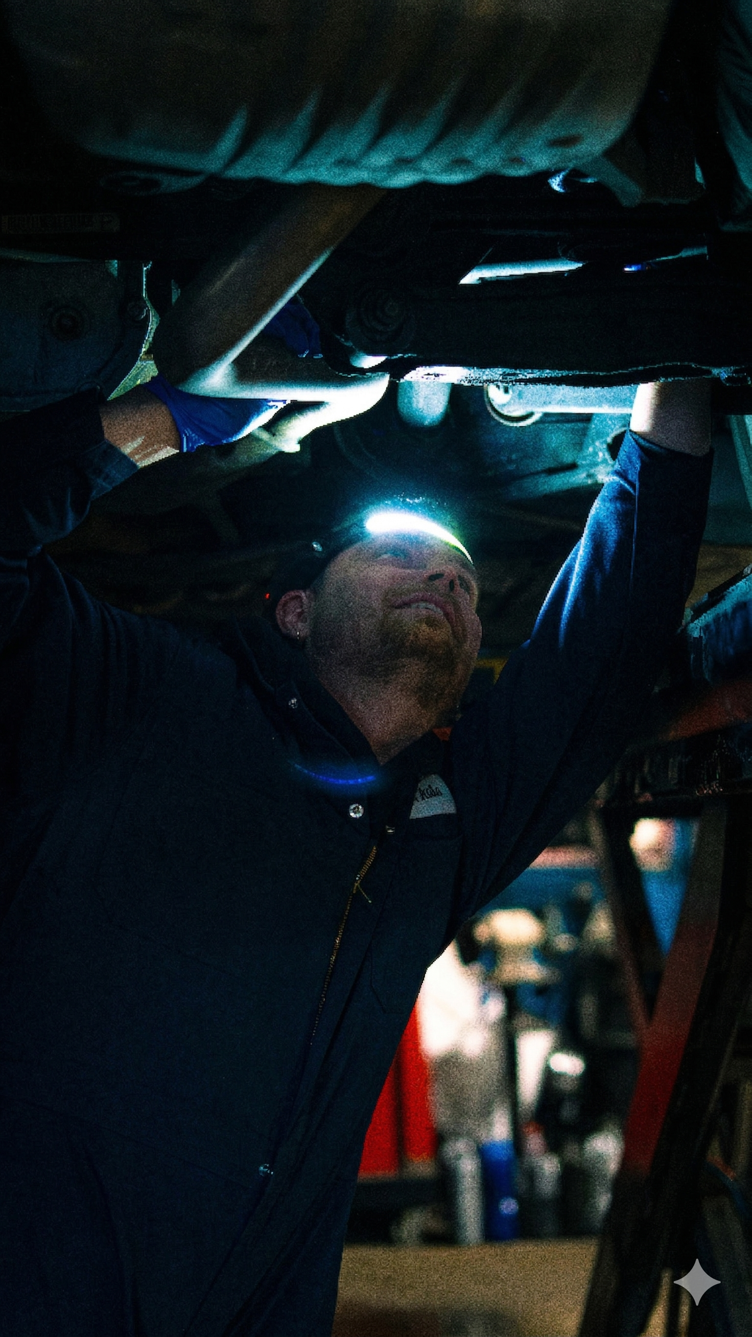 Mechanic wearing Beamfort Pro COB rechargeable headlamp while working underneath a vehicle – best work headlamp for auto mechanics and garage use