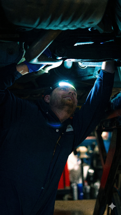 Mechanic wearing Beamfort Pro COB rechargeable headlamp while working underneath a vehicle – best work headlamp for auto mechanics and garage use